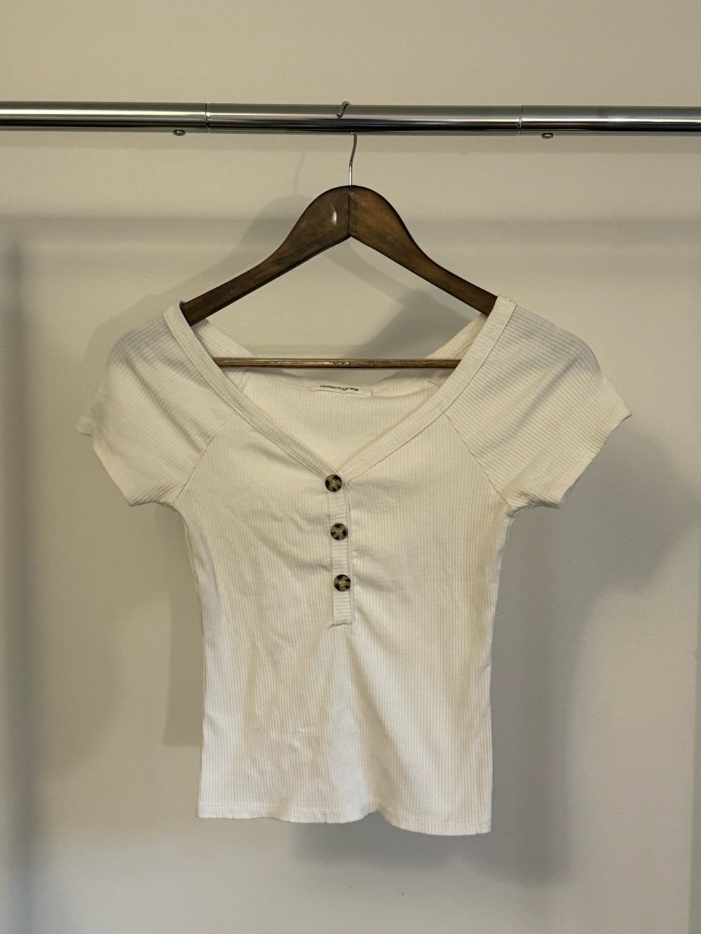 Caution To The Wind Cream Ribbed Henley Tee with Button Placket